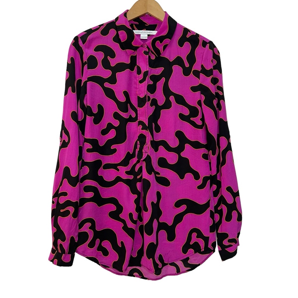 Diane von Furstenberg Firebird Print 100% Silk Long Sleeve Blouse